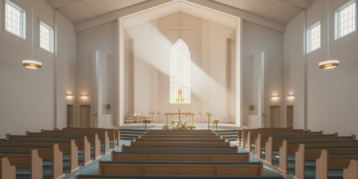 Light streaming through a Gothic window into an empty church sanctuary, evoking the worship and shared confession at the heart of early Christian creedal practice.