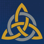 Gold and silver triquetra knot on deep blue background, symbolizing the Trinity—illustrating Matthew Barrett's Simply Trinity and the Trinitarian foundations of salvation explored in the book excerpt.