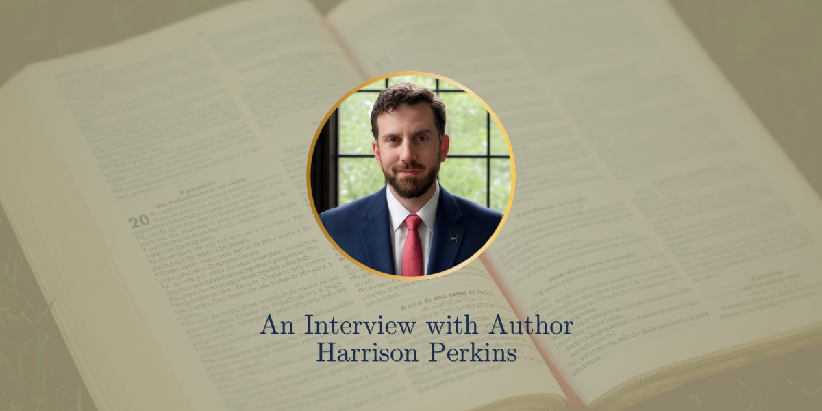 Harrison Perkins, author of Meeting God in His Means of Grace, in a circular portrait overlay on an open Bible, accompanying his interview on how God meets his people through Word, sacrament, and prayer.