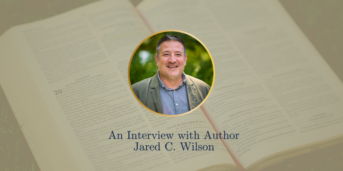Jared C. Wilson, author of Pastoral Mentoring, smiles in a circular portrait framed against an open Bible, introducing his interview on mentoring pastors in ministry.